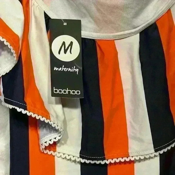 Boohoo Maternity Off Shoulder blue orange white stripped Swimsuit Ruffle NWT 4 - Picture 2 of 5